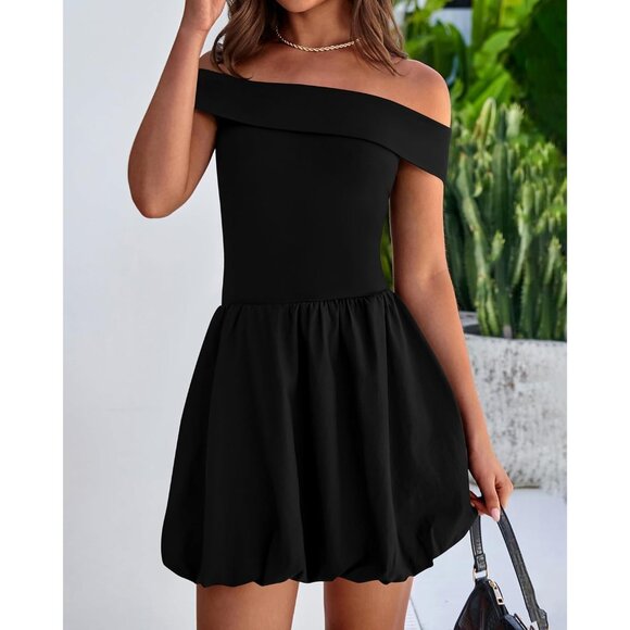 Women Summer Off Shoulder Bubble Dress Mini Sleeveless Fit Flared - Picture 2 of 8